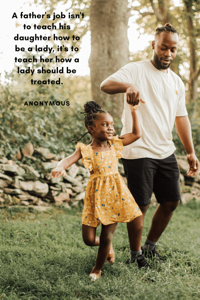 image of African American young father in white shirt and pants holding hand of young girl in yellow dress as she dances on grass. trees and rocks behind them. quote beside them at left reads 'A father's job isn't to teach his daughter how to be a lady, it's to teach her how a lady should be treated. Anonymous.'