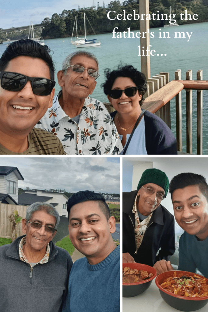 three images in grid. top image of elderly man with woman and man in sunglasses either side of him. background has harbour with small boats. bottom left image of elderly man and younger man smiling houses behind them. right image has same men with two bowls of food in front of them.