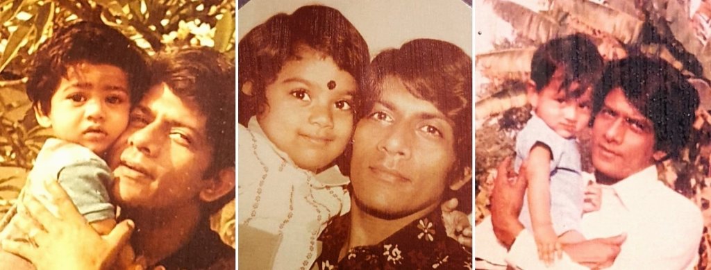 three images of man holding small kids. left small child in blue top with tree behind. middle child has white and brown striped top and small black dot on forehead. right small child in blue tshirt trees behind.