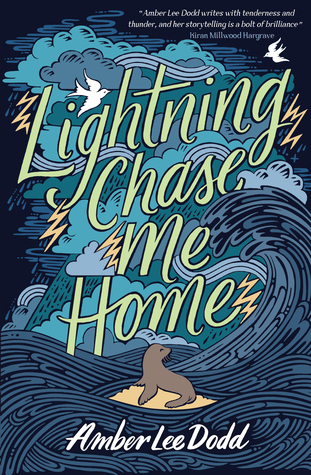 dark blue waves crashing with lightning strikes. image of small seal on rock in middle. large green letters across cover read 'Lightning Chase me home.' small white birds flying above letters.