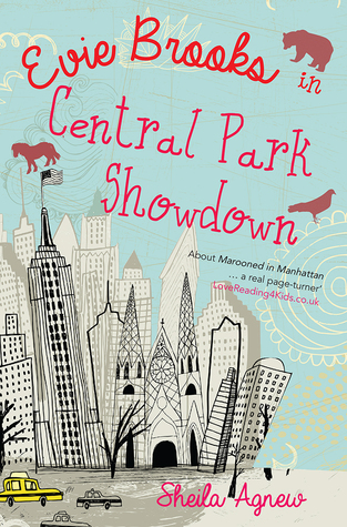 image of city buildings skyscrapers and trees and yellow cabs. blue sky has brown shapes of bear, horse and bird. pink letters at top read Evie Brooks in Central Park Showdown.