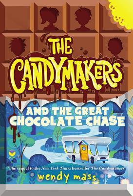 cover image in two parts. top part looks like chocolate slab with four silhouettes of kids inside blocks. yellow letters in middle The Candymakers with small bite at top right. bottom half in blue image of road cutting through mountains with campervan on road. white letters in middle read And the Great Chocolate Chase.