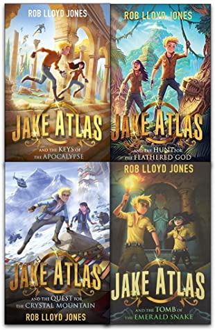 four covers in one grid. top image of boy and girl running under ancient structures. top right boy and girl standing under creepers mountain behind them. bottom left boy and girl on snowy mountains with helicopter behind them. bottom right of boy and girl inside dark crypt like place with flame torch in hand. large letters across bottom read Jake Atlas with smaller letters below relating to subtitle.