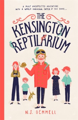 cover image has four kids standing behind man in middle in orange coat with creatures around him. light coloured background. blue letters at top read The Kensingtom Reptilarium.