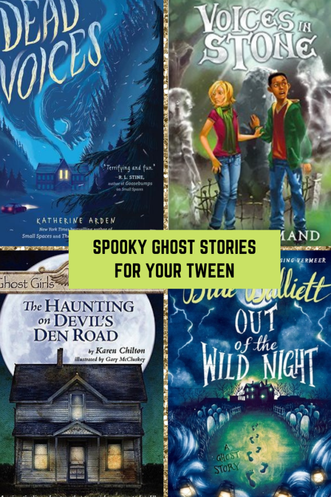 four-grid box. top left has blue background of sky. mansion nestled in between trees with light and car heading towards it. white letters in top corner read Dead Voices. top right image of boy and girl standing looking at ghostly figures. white letters above them read Voices in stone. bottom right has image of blue night sky and house in middle. footsteps along pathway leads to it. lanerns along bottom. white letters in middle read Out of the Wild Night. left bottom image of old looking house with large white moon behind it. blue letters across moon read The Haunting on Devil's Den Road. green box in middle with black letters read Spooky Ghost Stories for Your Tween.
