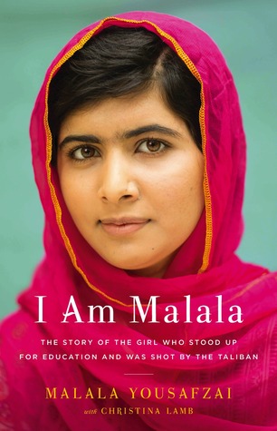 cover image of girl in red/pink headcovering. girl looks Indian with sharp features. background is green. white text below face reads 'I am Malala' and orange text along bottom read Malala Yousafzai and Christina Lamb