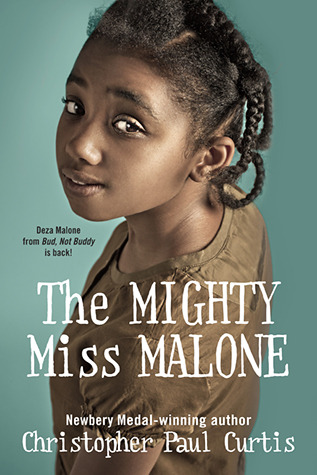 cover image has full photo of African American girl with braided hair looking up wearing brown dress. blue background. white letters across her shoulders reads 'The Mighty Miss Malone.'