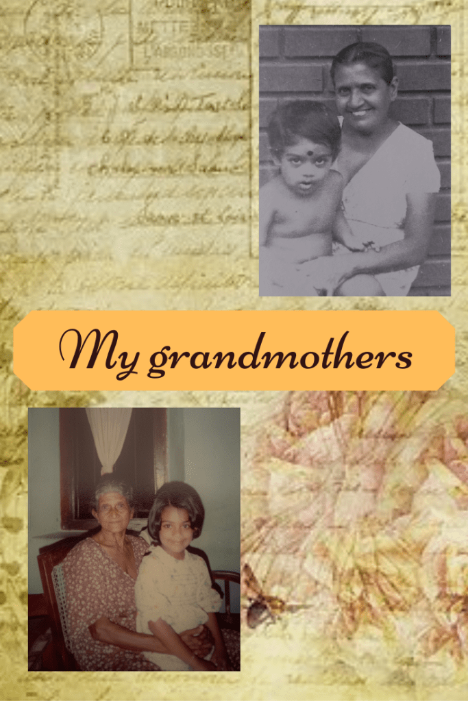 image has vintage style background. two faded images on top right and bottom left of young girl and older women holding her on their laps. orange angular block in middle with cursive writing across it reading My grandmothers. top right image is black and white while bottom left image has faded colour tinge to it.
