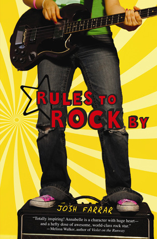 image of girl holding guitar in jeans standing on speaker. bright yellow radial rays in background. red letters across her knees reads 'Rules to Rock by'