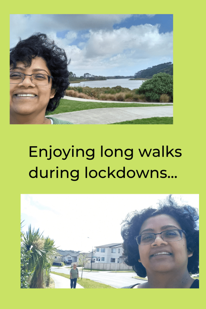 two images of young woman with curly dark hair and glasses. top image has background of pathway and river bank with cloudy skies. bottom image has houses and smaller person on path with trees on side. green background with black letters in middle reading 'Enjoying long walks during lockdowns...'