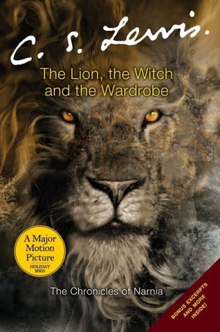 cover image of lion's face. yellow letters above eyes read The Lion, the Witch and the Wardrobe. C.S. Lewis in white signature above. small yellow round sticker with 'A Major Motion Picture' on it.