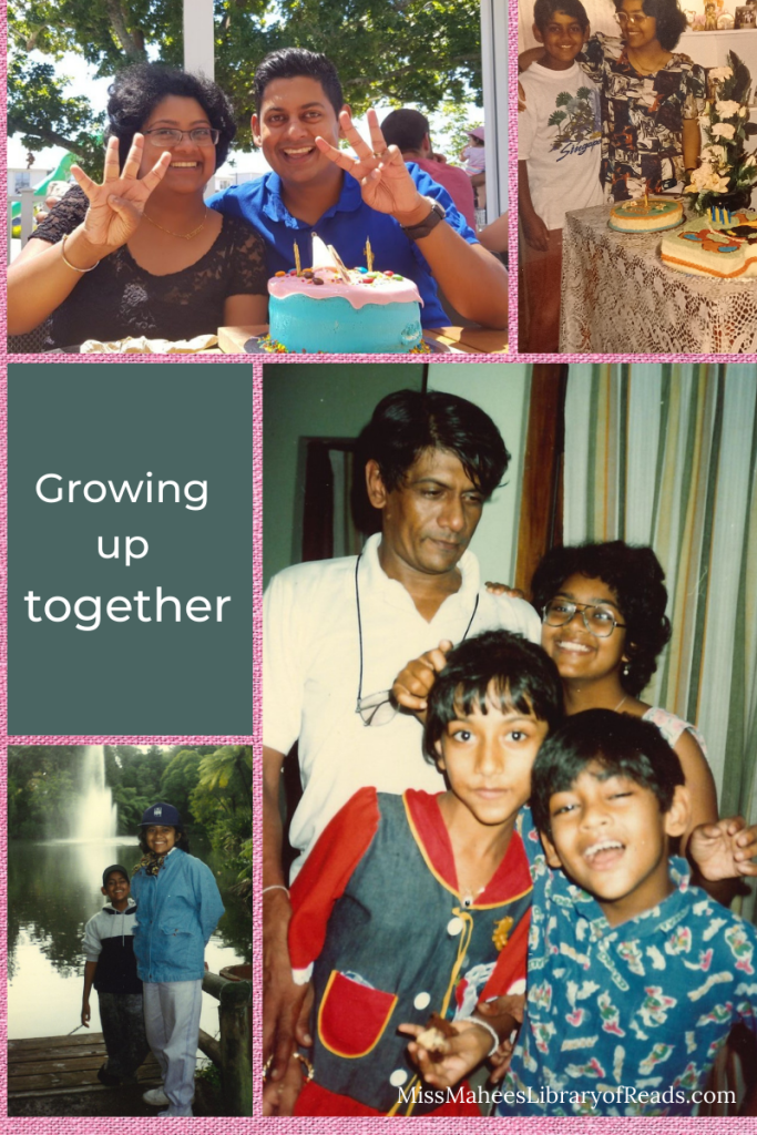 5-grid box. top image of man and woman holding fingers four and three and birthday cake beneath their hands. top right image of girl and boy in front of two cakes. bottom right large image of man and three kids making funny pose in front of striped curtain. bottom left image of girl and boy on steps leading to lake with fountain behind them. left middle box in grey blue colour with white letters reading Growing up together.