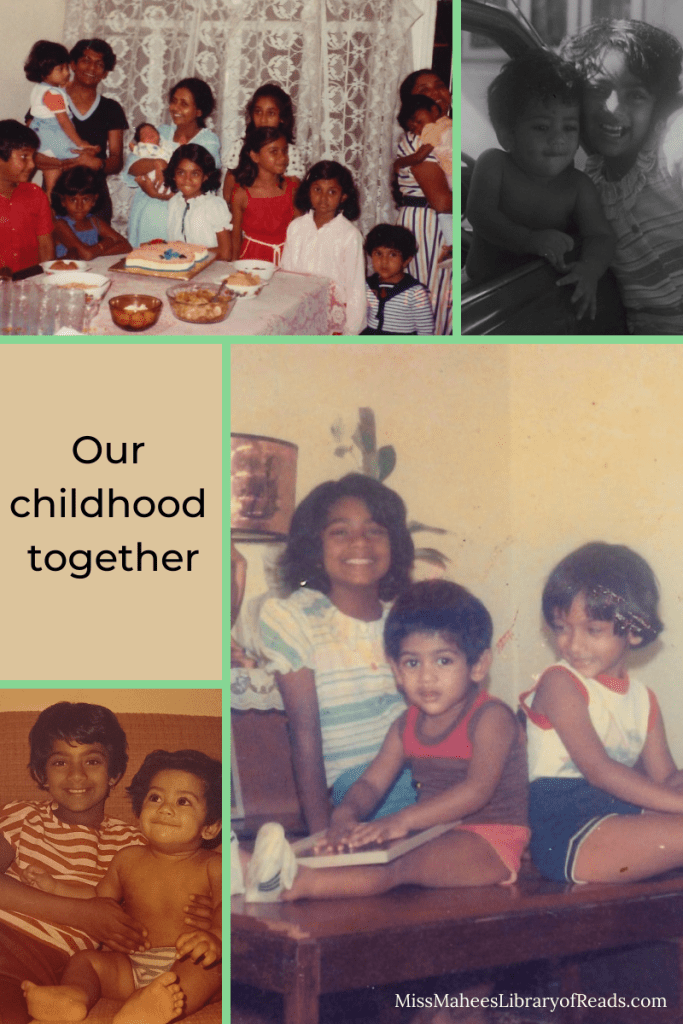 5-grid of images. top right image of birthday party with cake and food on table and children and adults around. three adults carrying toddlers and baby. top right black and white image of girl and toddler by car. bottom right large image of three kids seated on small table smiling at camera. bottom left image of baby with older sister on sofa. left middle box in pale pink with black letters reading Our childhood together.