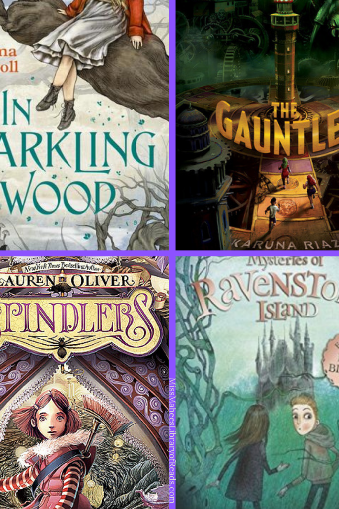 four-grid box. top left image has bottom half of girl in pale dress on tree trunk with blue letters under her reading In Arkling Wood. snowy sky behind her. top right image of three kids running towards tower with yellow letters acorss middle reading The Gauntle. bottom left image og girl in jacket with broom poking from her back purple pattern above her and cursive letters reading Pindlers. bottom right image of boy and girl looking towards castle in distance with gnarly trees or vines along left edge. pale pink letters at top read Ravensto Island. purple border between images.