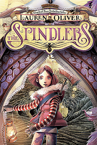 cover image of girl holding lamp in jacket with broom poking out from back. behind her is an archway with swirly purple design. purple letters across top read The Spindlers. hands of women at top holding it all up. behind girl looks like grassy fields or tunnels.