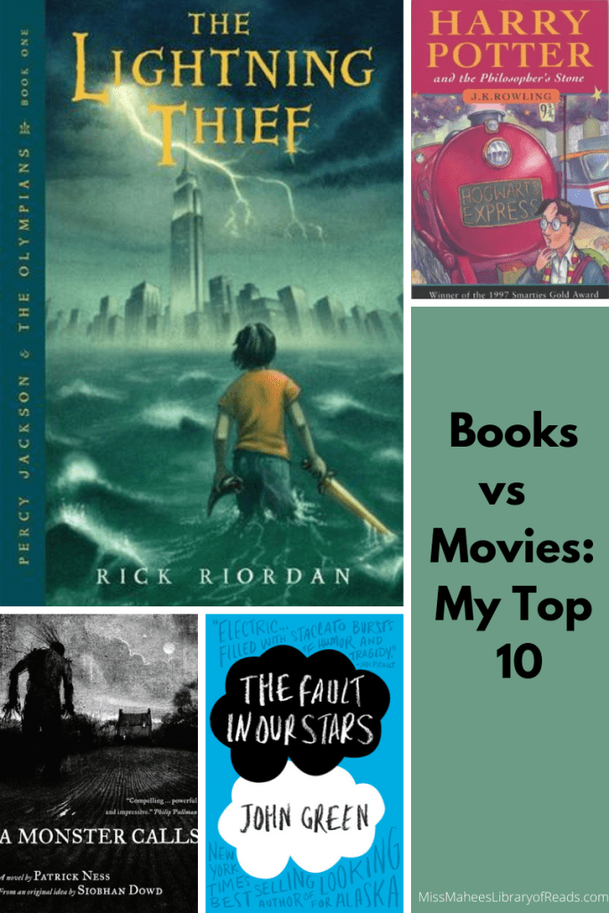 five-grid box. top left large image reads The Lightning thief in yellow letters. image of boy with sword in water looking at city skyline. top right box reads Harry Potter in orange letters image of red train and boy with glasses in front. right long box green background with black letters reading Books vs Movies: My Top 10. bottom middle image blue with black and white cloud shaped with letters reading The fault in our stars in black one. left corner image of dark monster against grey sky. white letters beneath read A monster calls.