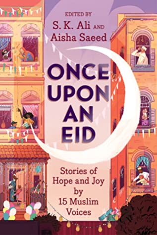 image of two buildings with people looking out of windows and doors. alleyway in between has bunting and large white crescent moon. light purple background. large dark letters in middle reads Once upon an Eid.