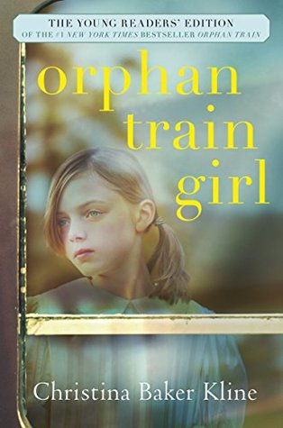 cover image of young girl looking out of window wearing green dress. shadow of trees on her face. yellow letters at top read Orphan train girl.