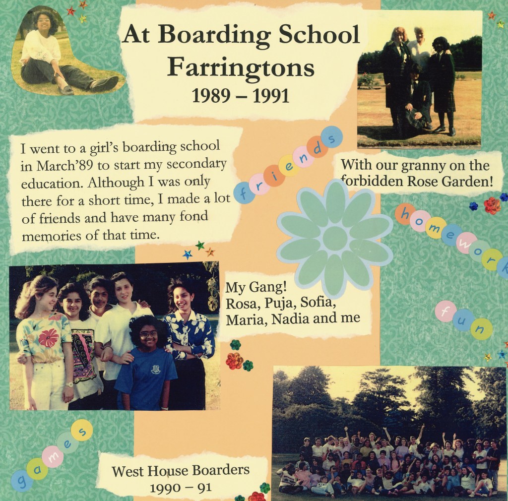 image of scrapbook page. four photos in roughly four corners. top photo of girl on ground with white jumper and jeans. top right image of group of uniformed girls with elderly lady. bottom right large group of girls. left photo image of smaller group of girls smiling. torn pieces of yellow paper with typed up short text. main title at top reads At Boarding school Farringtons 1989 - 1991.