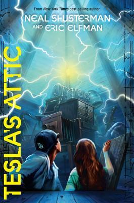 cover image pf two kids looking at bright spark and electricity radiating from it. blue background. large yellow letters along left edge along vertical reads Tesla's Attic.