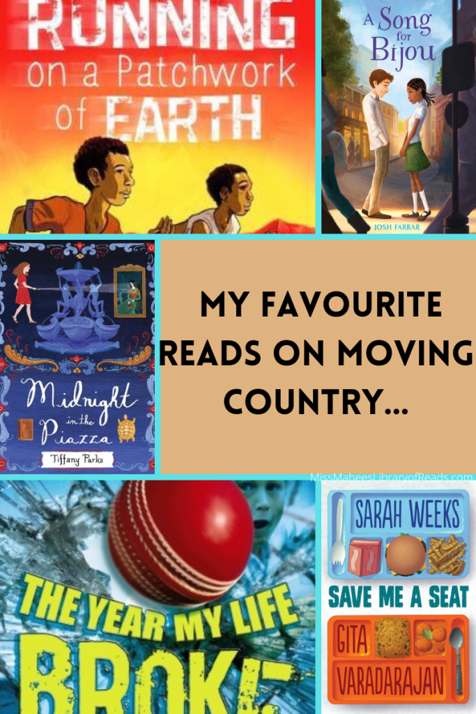 six-grid box. top left image of two boys running with orange sky. white letters above them read Running on a patchwork of earth. top right image of girl and boy standing on street corner. blue sky above them with dark letters reading A song for Bijou. middle left image of girl in red dress with torch light falling on painting. blue fountain in middle. white letters below that reads Midnight in the piazza. middle right box orange-brown background with black letters reading My favourite reads on moving country. bottom left image of red ball and yellow letters below reading The year my life broke. bottom right image of lunch boxes with names of authors along long trays. Sarah Weeks on blue and Gita Varadarajan on orange. middle space has title Save me a seat in blue letters.