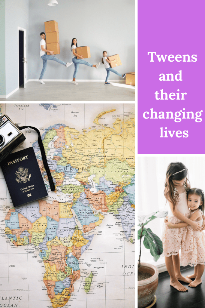 four-grid box. top left image of family carrying boxes inside room. top right box long and pink with white letters reading Tweens and the changing lives. bottom right image of two girls hugging. bottom left large image of world map with passport and camera on top of it.