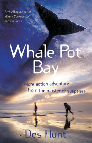 cover image has two kids running along beach during evening time with blue-white sky. shadow of whale tail along top of cover. large white letters across middle reads Whale Pot Bay.