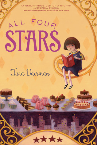 image of young girl reading red book seated on swirly pattern. long table with all kinds of sweet treats on it and cityscape of New York City under it. gold and orange background. pink letters in middle read All Four Stars.