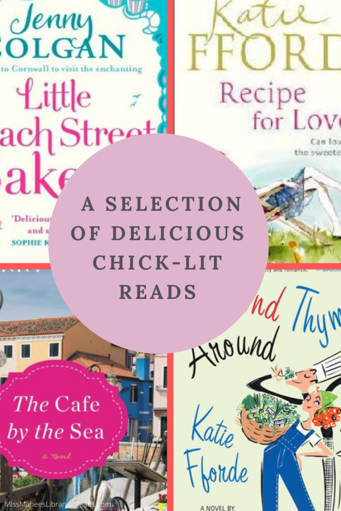 4-grid box. top left image blue and pink letters in white background reading Jenny Olgan. top right image of yellow letters Katie Ffor red letters Recipe for Lov and lady seated on chair white background. bottom right image of cartoon picture of chef and woman. letters around read 'nd Thym Around Katie Fforde.' bottom left image of buildings pink label shape with white letters on it reading The Cafe by the sea. pink circle in middle with black letters read A Selection of Delicious Chick-Lit Reads.