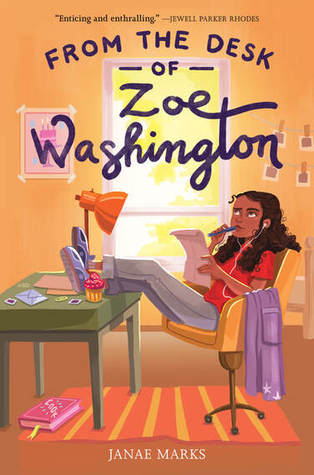 image of young African American girl on chair with feet on green table holding paper and sucking pen in mouth. window with yellow light in middle. dark blue letters across top reads From the desk of Zoe Washington.