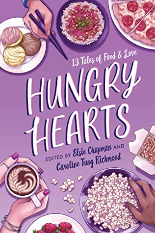 cover image of different dishes on purple background. three sets of hands picking food, holding chopsticks and holding mug. white letters in middle read Hungry hearts.