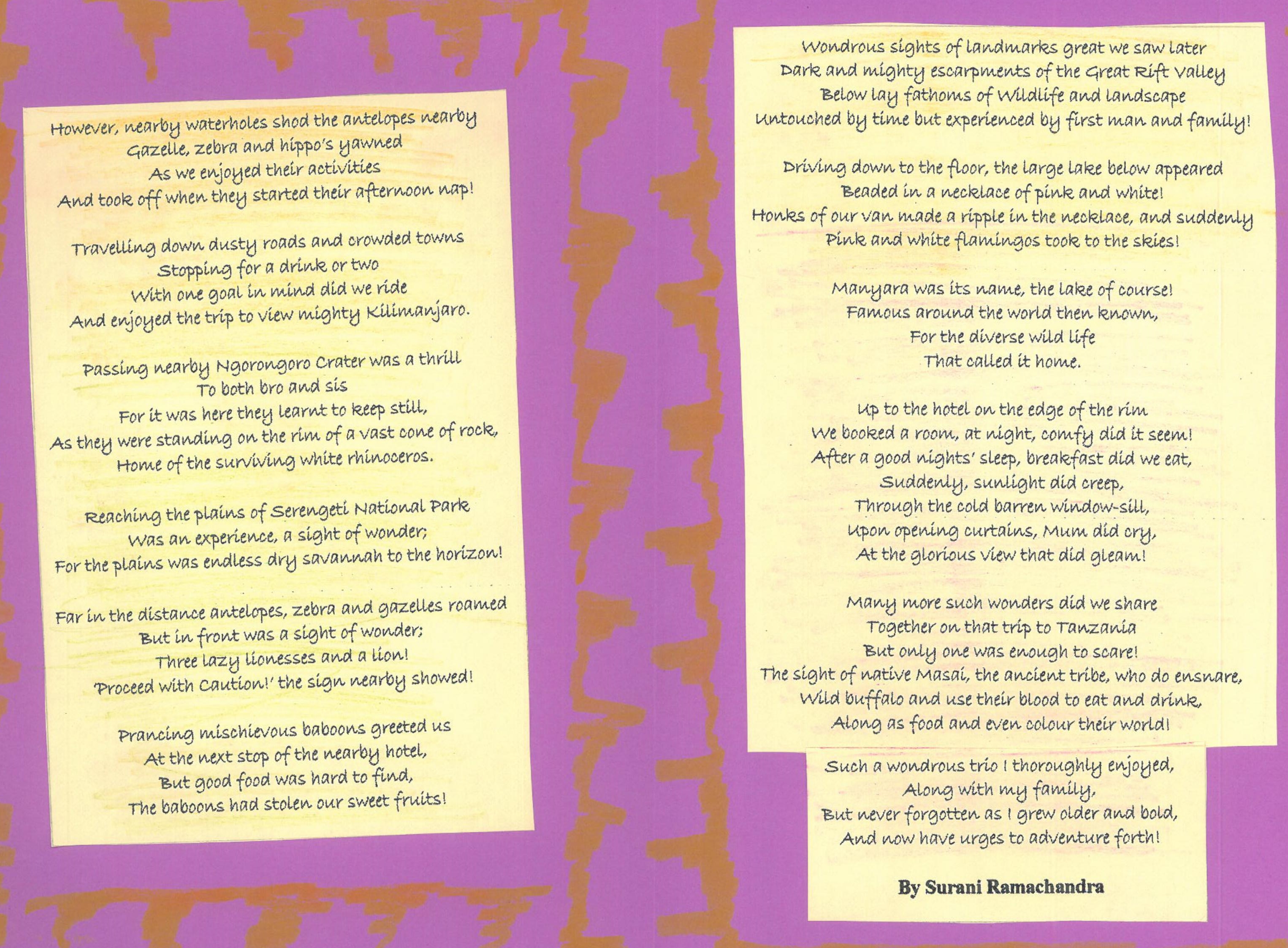 image of poem typed on yellow paper and purple background. orange shapes around edges of yellow paper.