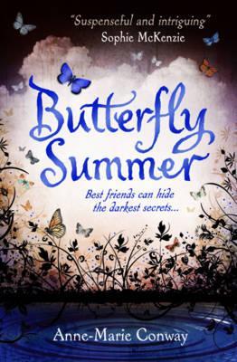 cover image of small pond at bottom with ripples. grass strands with butterflies around. white clouds behind with dark sky above. blue letters in middle reads 'Butterfly summer'.