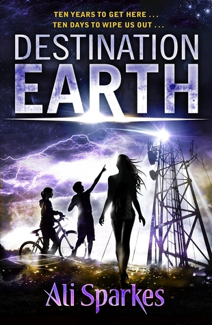cover image of three teens in silhouette. girl with bike and boy pointing at pylon tower struck with purple lightning strike. dark black cloud at top with white/purple letters across it reading 'Destination earth.'
