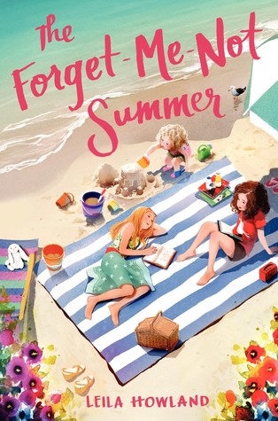 cover image of three girls on large blue-and-white striped beach towel on yellow sandy beach. two girls reading on towel and other girl playing with sand on beach. red letters 'The Forget-me-not summer' along water on top left edge.
