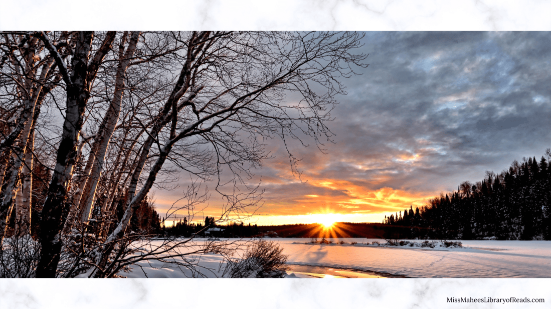 banner sized image of winter landscape across countryside. large tree on left side of image bare and brown bare branches. cloudy sky with bright sun shining through gap between horizon and land. landscape of snow-covered fields and small river at bottom centre of image. dark trees at right side of image.