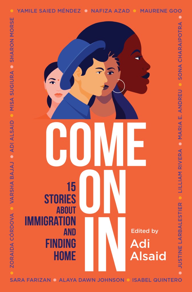cover image of group of diverse young people at top. orange background. large white letters along bottom reads 'Come on in.'