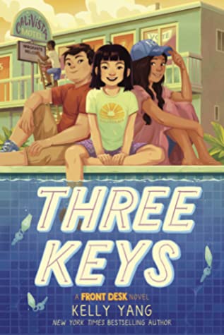 cover image of three kids sitting on edge of swimming pool. green building behind them with yellow clouds above. blue water in bottom half of image. white letters in water reads 'Three Keys.'