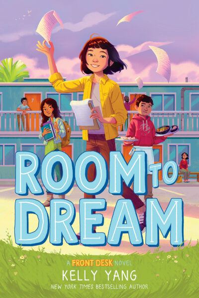 cover image of three kids in front of building. Asian girl in yellow jacket and brown pants in middle holding writing pad and papers flying from her hands. sky and clouds above purple and white. blue letters across bottom reads 'Room to Dream.'