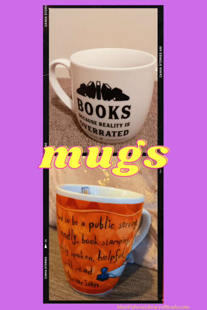 purple background with two images in middle of two mugs. top mug white with writing across in black. bottom mug orange with writing and images. large yellow letters in middle reads 'mugs'.