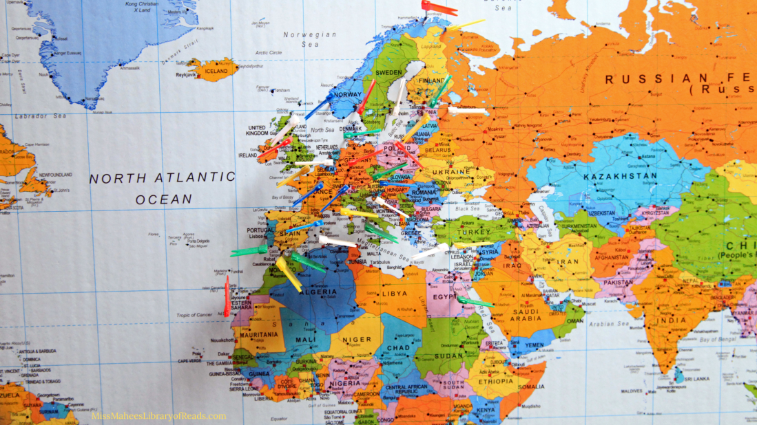 image of map of Northern countries. coloured pins or flags across European countries.