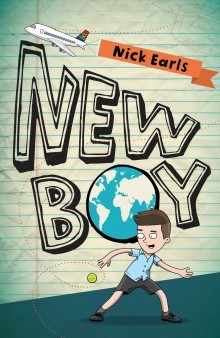 image of boy in blue shirt and dark shorts with green ball at bottom. background looks like page from lined book. large black outlined letters in middle read 'New Boy' with image of globe inside O. small white plane above N.
