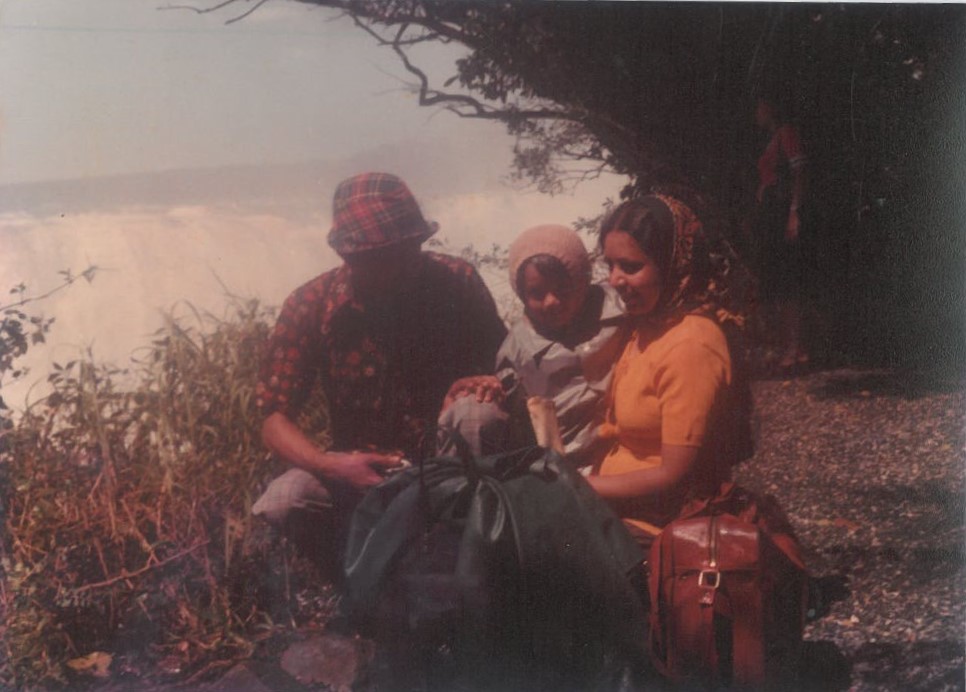 man and woman with small child sitting on ground. white water of large waterfall behind them. dark trees behind them on right. green bag in front of them.
