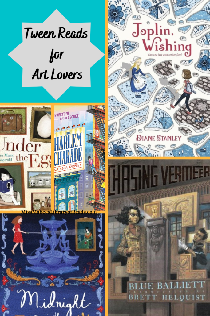 six-grid box. top right image of two kids on pieces of blue mosaics with red letters in middle Joplin, Wishing. bottom right image of two kids inside room with strange art pieces. black letters across top reads Chasing Vermeer. bottom right image of girl in red dress holding flashlight at painting. blue background and white letters at bottom reads Midnight. middle two image above this. left most image has framed pictures with brown letters in middle reading Under the Egg. middle image of two buildings and blue letters in middle reading Harlem Charade. top left box has black cursive letters Teen Reads for Art Lovers inside grey star and blue background.