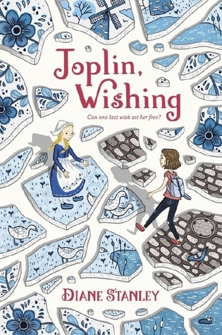 cover image of two kids on top of pieces of mosaic-looking things. one girl in blue dress with white apron the other with jeans and blue backpack. pink letters on top reads Joplin, wishing.