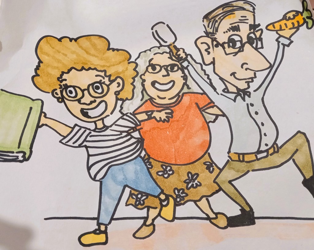 cartoon style image of man with two women dancing with carrot and spoon in hand. girl in striped shirt holding book. woman in back with orange top and flowery skirt.