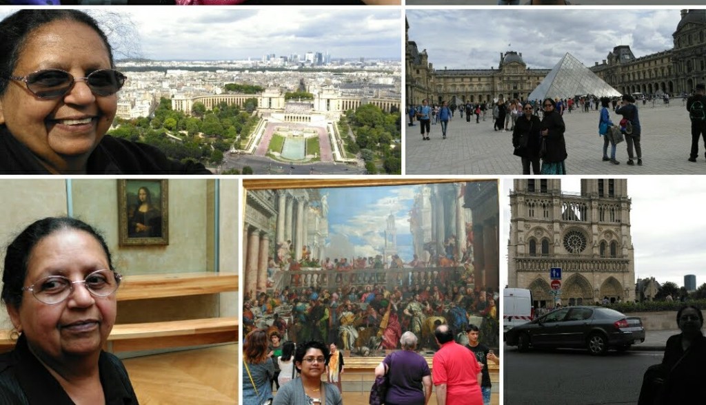 five small images. top left image of woman in dark glasses smiling with city behind her. top right two women standing in front of glass pyramid before entrance to Louvre. bottom left image of woman in front of Mona Lisa painting. middle image of people looking at large painting. bottom right image of woman across street from Notre Dame.