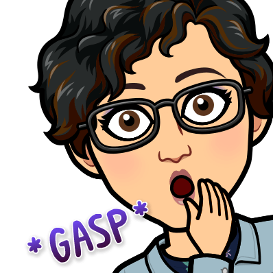 cartoon image of woman in glasses and short black hair with eyes big and mouth open with hand almost covering mouth. purple letters beside her reads *GASP*.