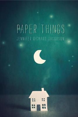 cover image of small white paper cut-out of house and while moon above it. green background with white stars behind. white thin letters above reads Paper Things.