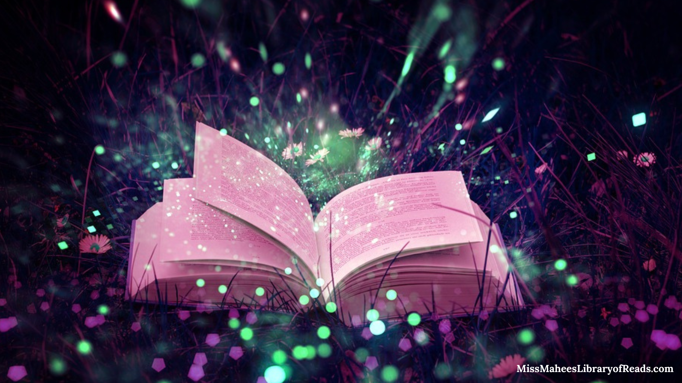 image of open book in pink with bright sparkles around it.
